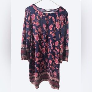 Beach Lunch Lounge Boho Floral Bell Sleeve Shift Dress Navy, Medium